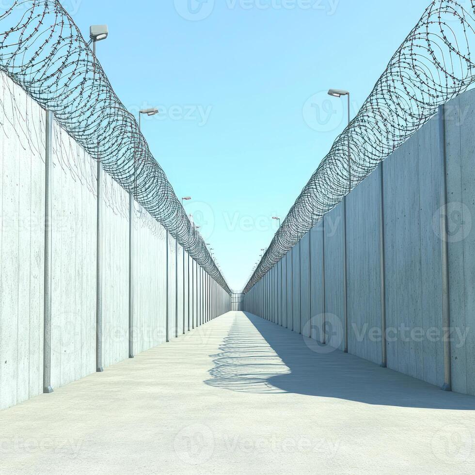 A long corridor with high concrete walls topped by barbed wire stretches under a blue sky photo