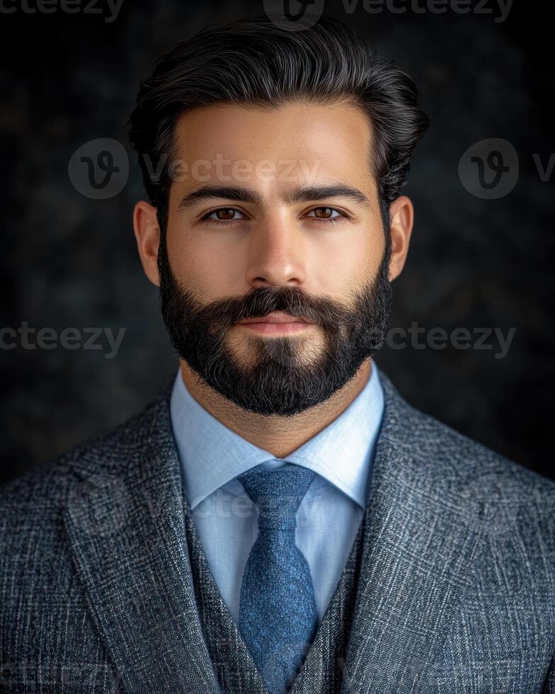 A well dressed man stands with confidence, showcasing a stylish suit and a groomed beard in a studio photo