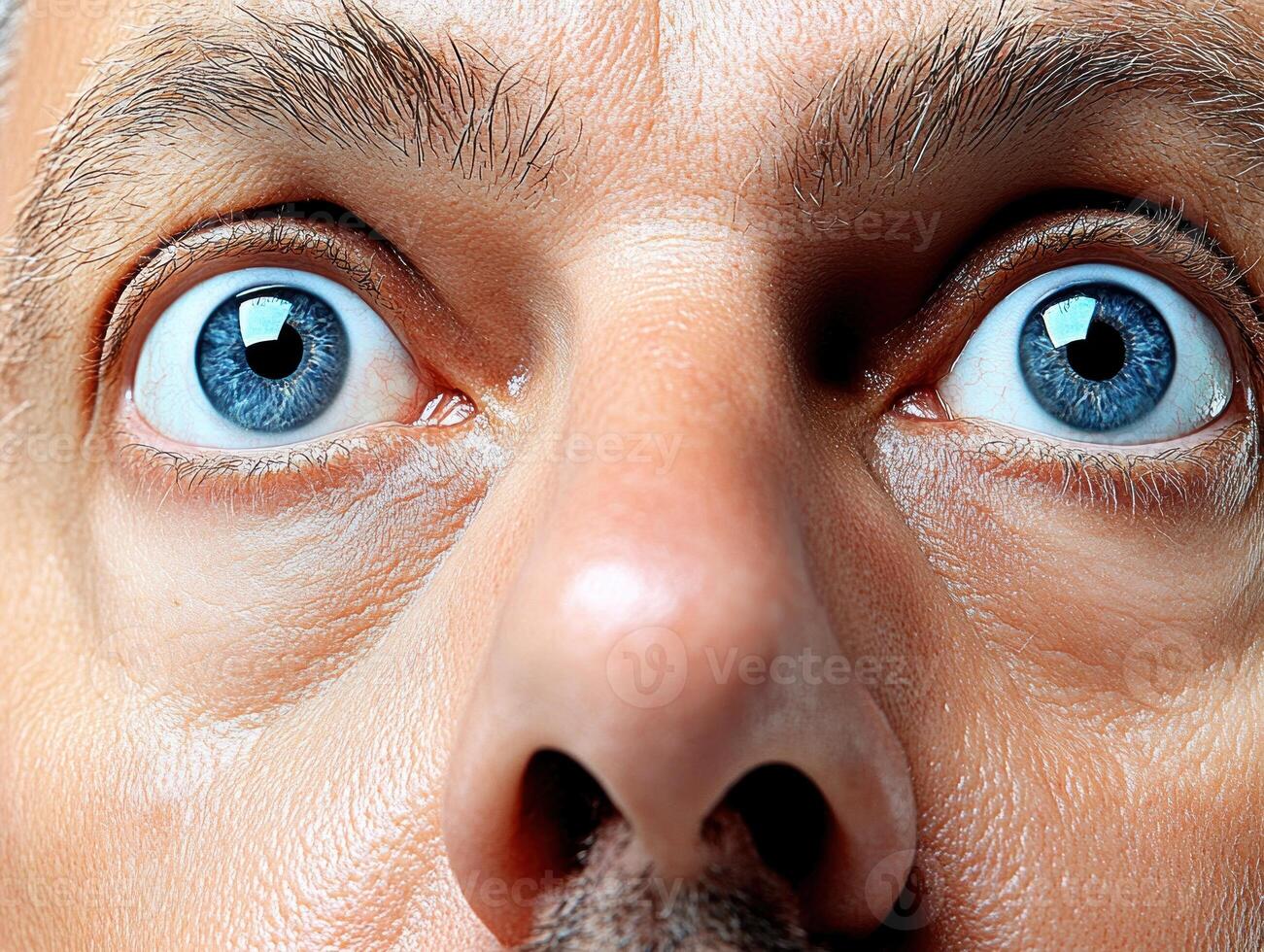 Close up of a mans face showing shock with bright blue eyes in bright, clear lighting photo
