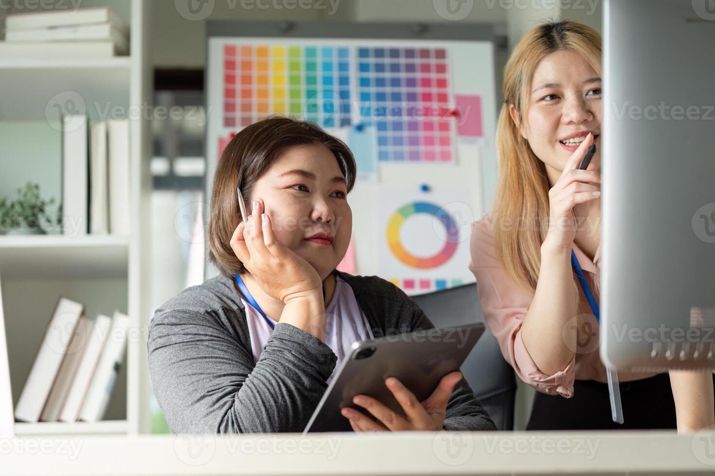 Creative brainstorming session for graphic design and teamwork in a vibrant studio photo