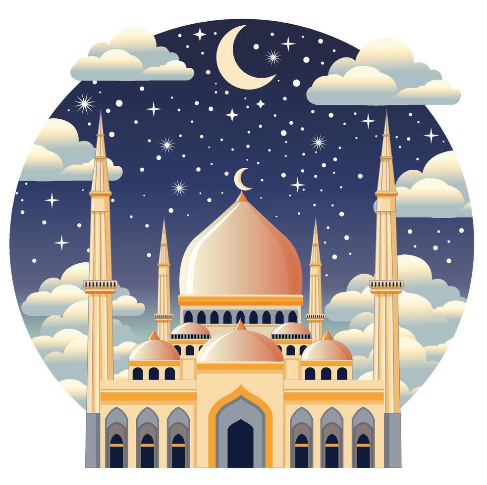 Mosque at night with stars and moon in the sky vector