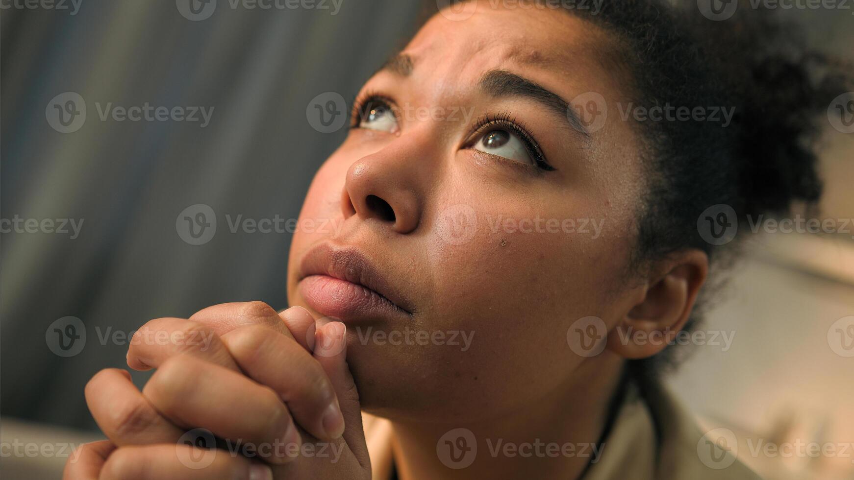 Close up face African American woman disappointed upset alone sorrowful ethnic girl female lady homeowner think problem ponder upset suffer depression worried frustrated grief health trouble at home photo