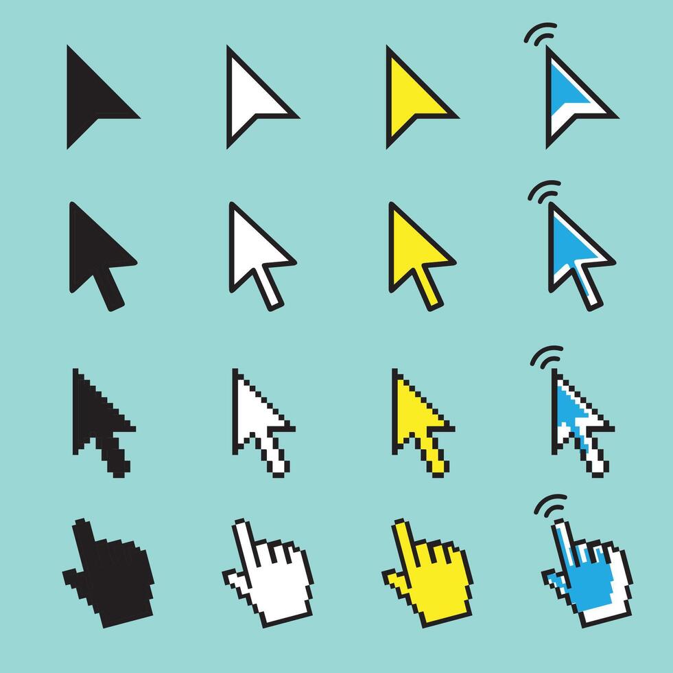 Cursor monitor icons set. Cursor set in hand, arrow and mouse forms, mouse click cursor set, arrow and hand pointer. vector