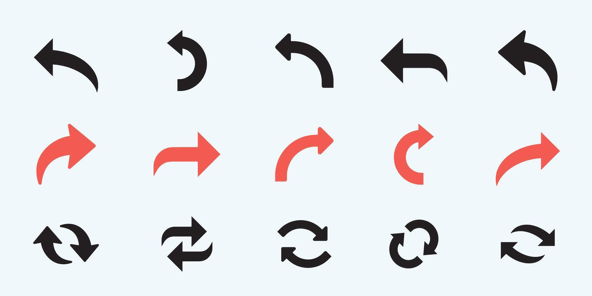 Black arrows set. Curved arrows. Arrow sign. Curved arrow pointing right. Black and red arrow. vector