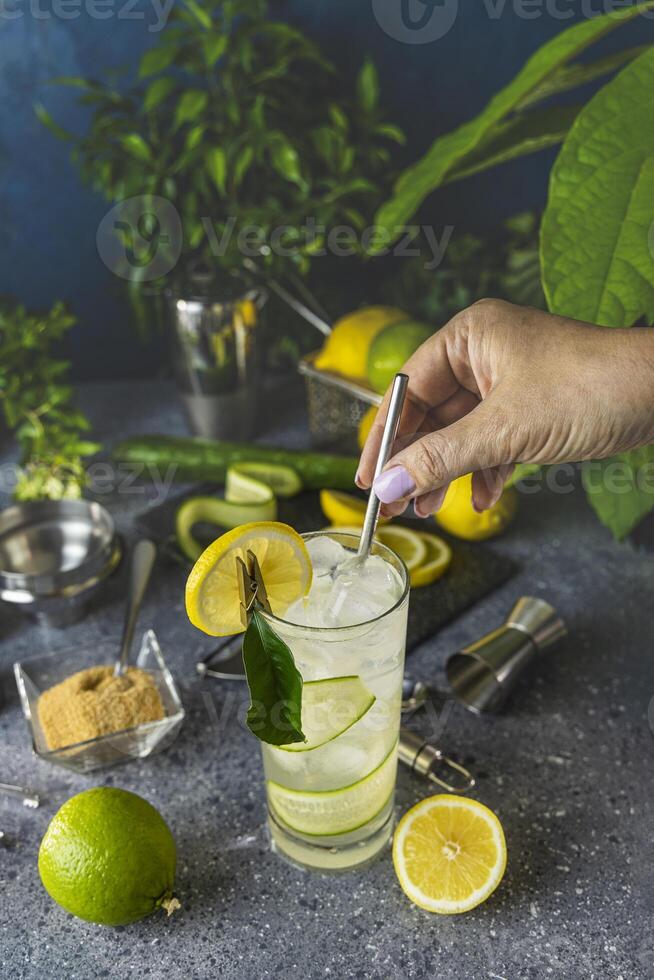 Bartender preparing refreshing cucumber, lemon and lime cocktail with metal straw photo