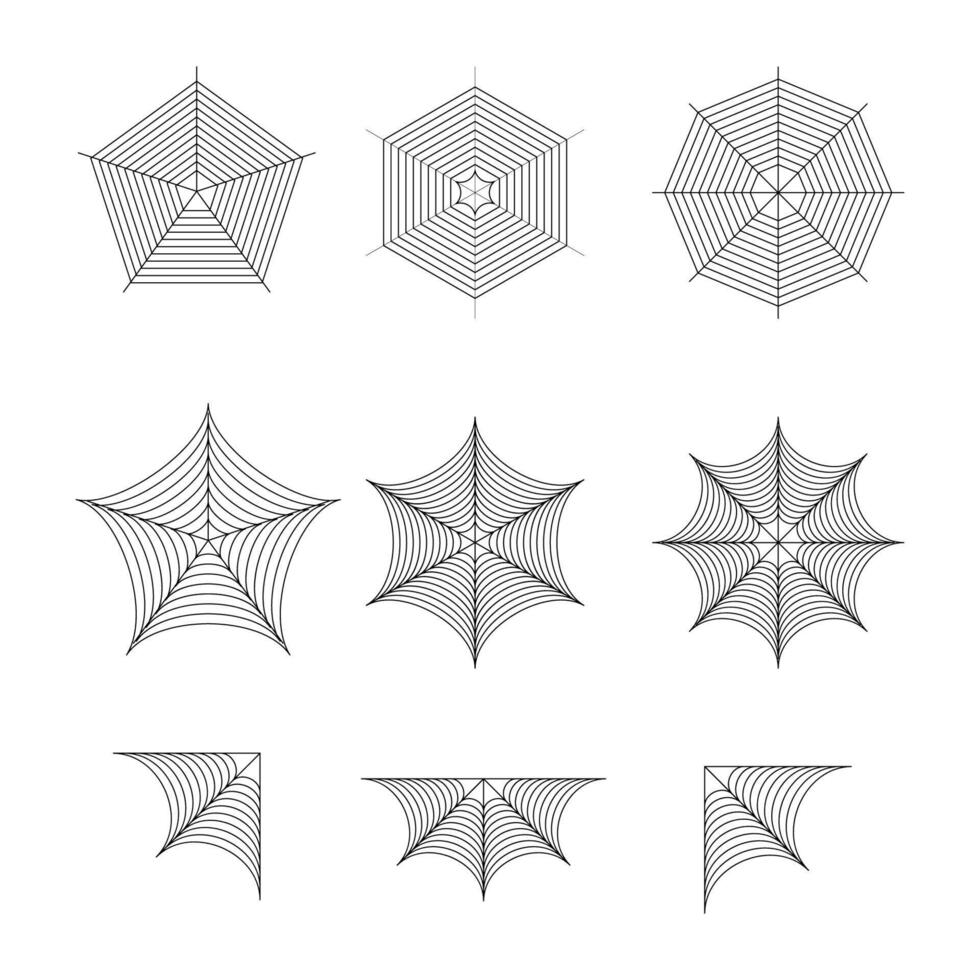 Set of spider web for Halloween. Cobweb, frames and borders, scary elements for decoration. Geometric spider web collection vector