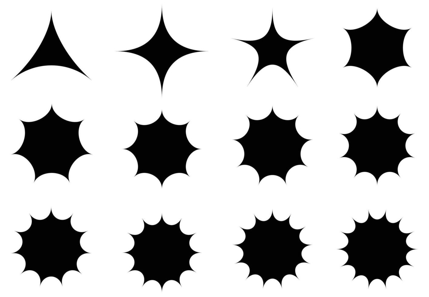 Abstract sparkle black silhouettes symbol set. Collection of minimalist silhouette stars icons, twinkle star shape symbols. vector