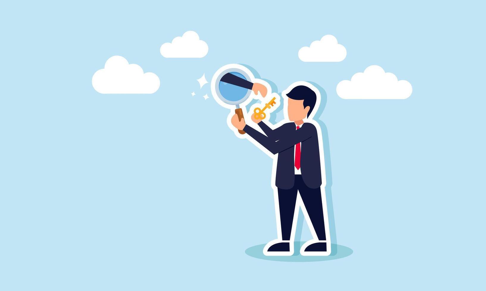 A businessman observes a lit lamp with a magnifying glass, but a hand emerges from the glass trying to take a key, illustration of sabotage in analyzing and finding business solutions vector
