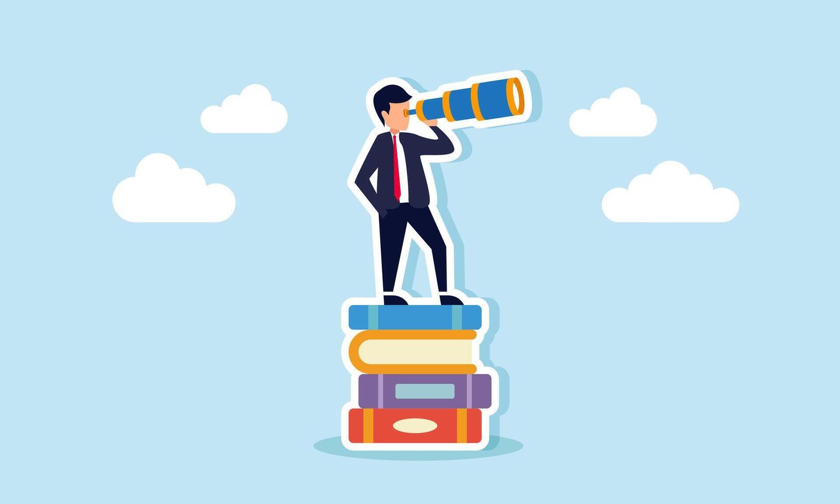 A businessman peering over a stack of books, illustration of analyzing and evaluating business performance based on annual reports vector