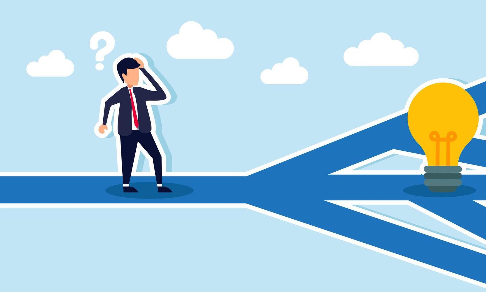 A businessman looks confused while standing on a branching road, with a lamp on one path, illustration of confusion in choosing the right business idea and innovation vector