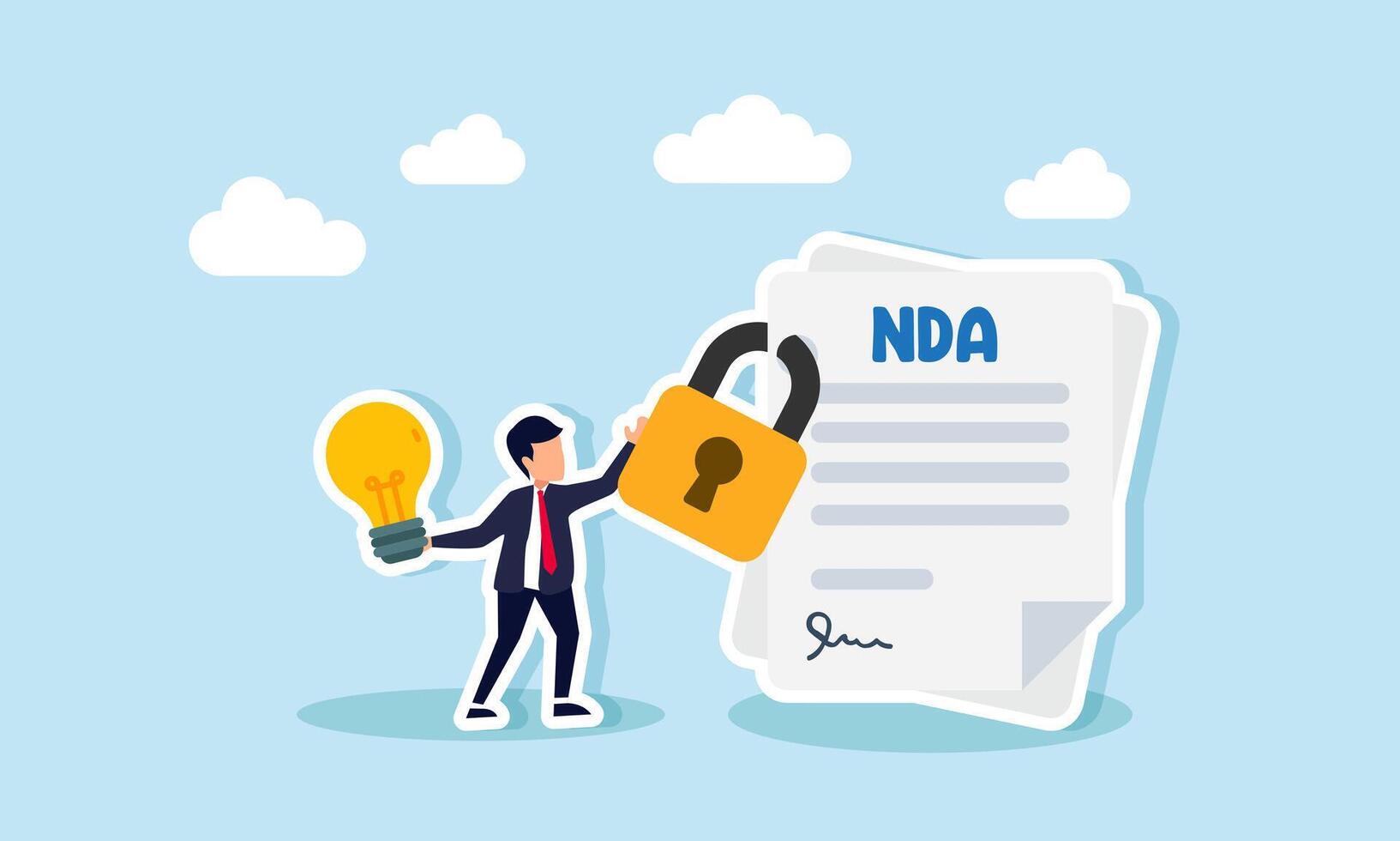 A businessman carries a lamp while holding a padlock securing an NDA paper, illustration of company document confidentiality about business ideas and innovations vector