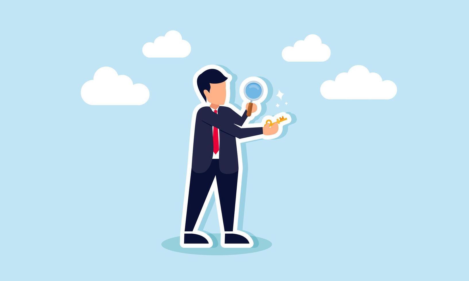 A businessman examining a key with a magnifying glass, illustration of research in analyzing solutions to business problems vector