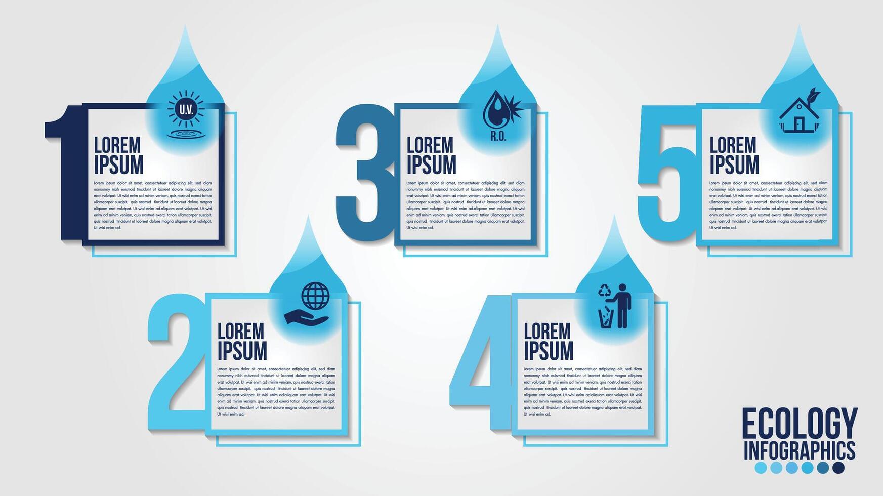 Infographic eco water blue design elements process 5 steps or options parts with water bottle. vector