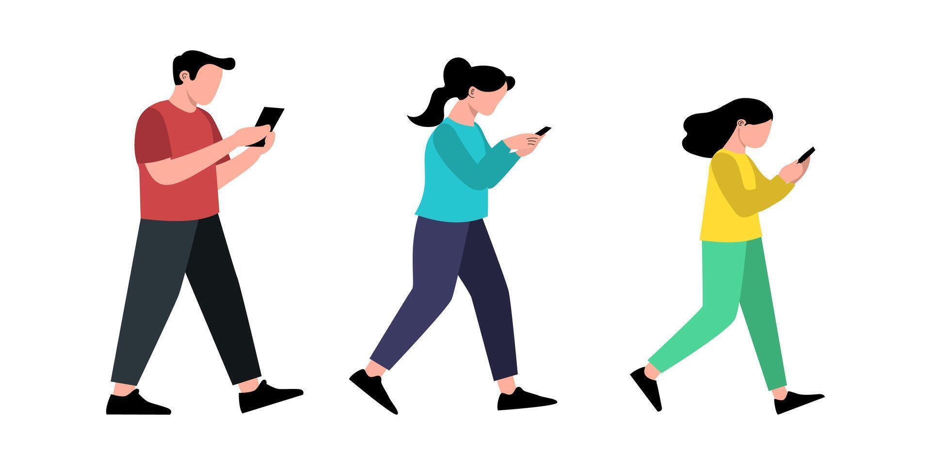 A flat design illustration of three diverse individuals walking and engrossed in their mobile phones. vector