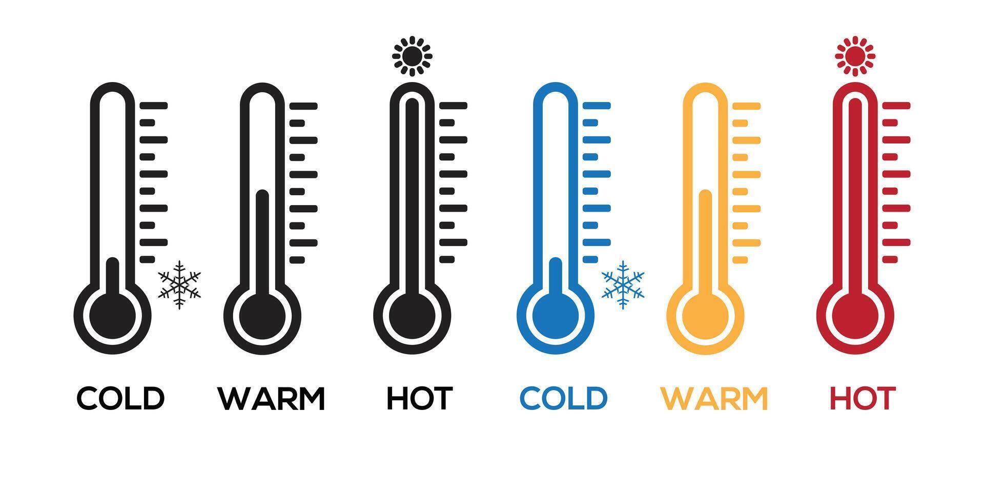 Temperature icon set. Hot and cold temperature icon set. Thermometer icon. Warm and cool weather indicator. Thermometer showing the temperature symbol. vector