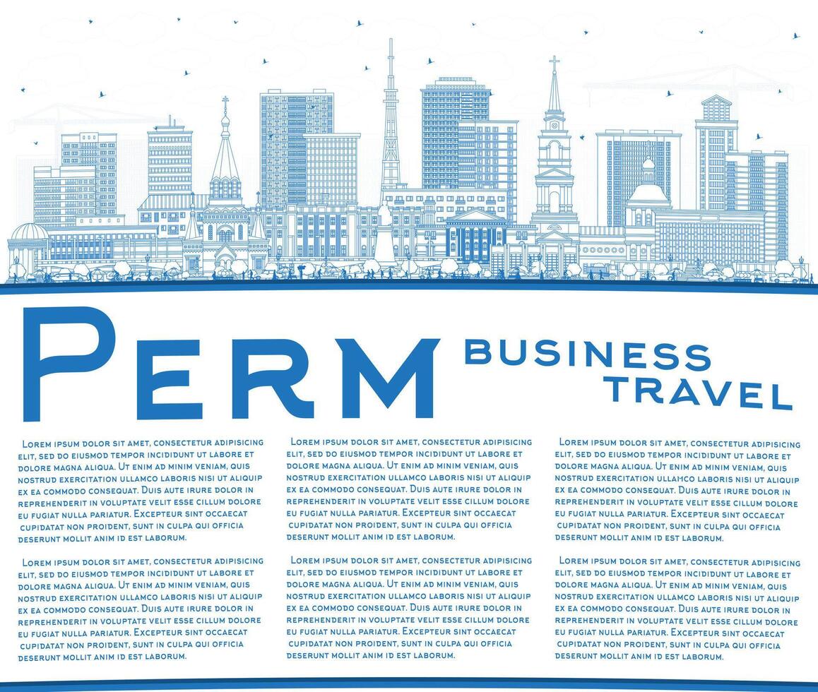 Outline Perm Russia city skyline with blue buildings and copy space. Perm cityscape with landmarks. Business travel and tourism concept with modern and historic architecture. vector