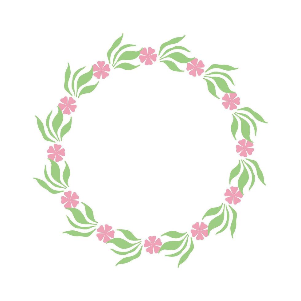 A floral wreath made of pink flowers and green leaves vector