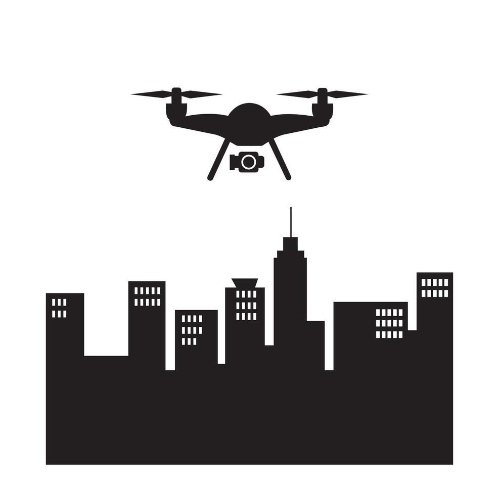 Drone over city skyline logo with customizable text for branding. Drone logo, Drone, Quadrocopter icon vector