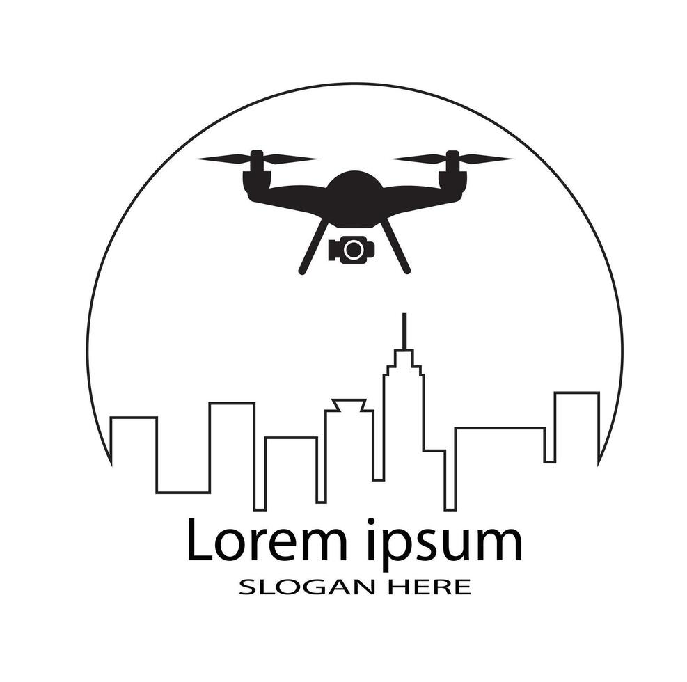 Drone over city skyline logo with customizable text for branding vector