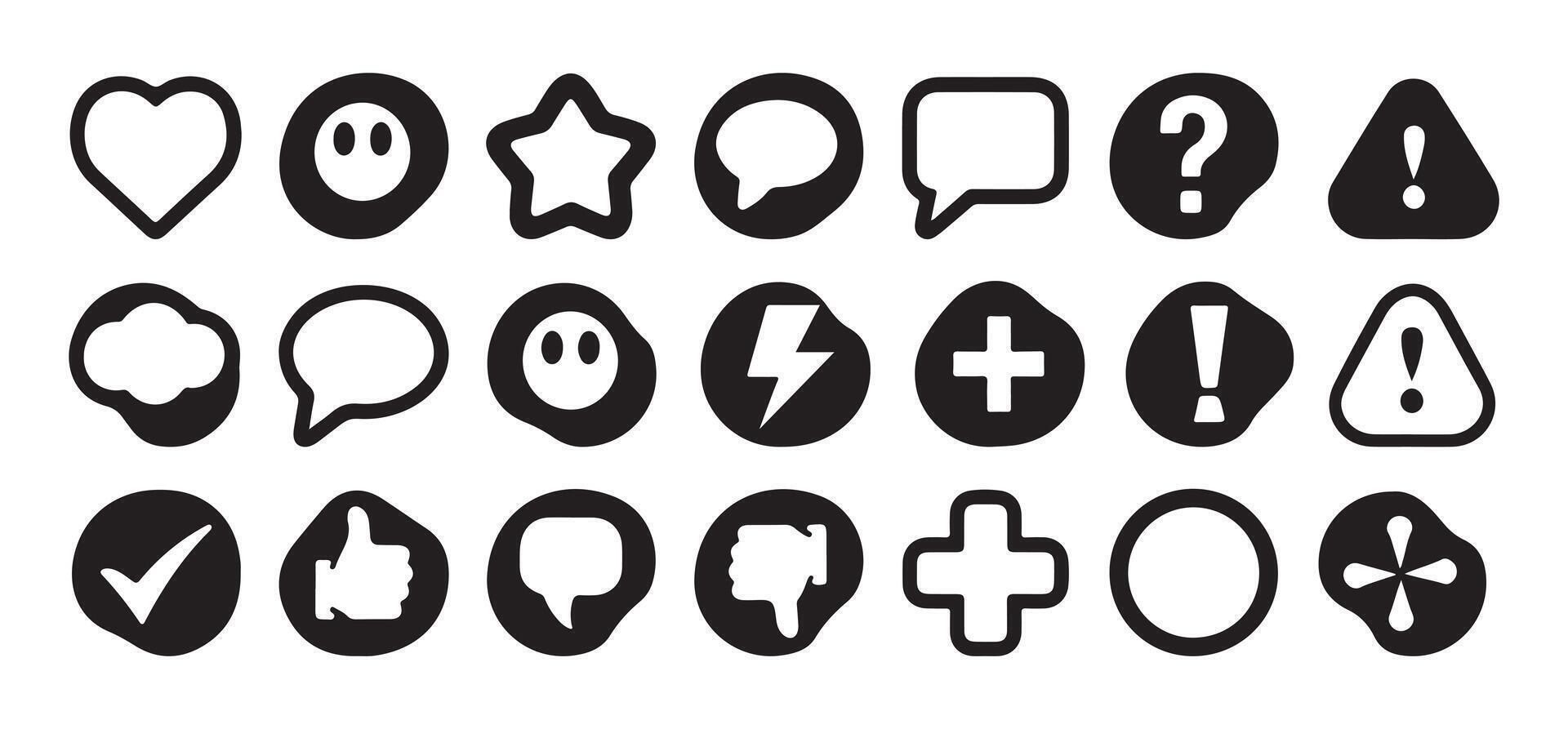 Collection of silhouette icon symbols representing interfaces and multimedia icons, such as hearts, speech bubbles, and warning triangles. vector