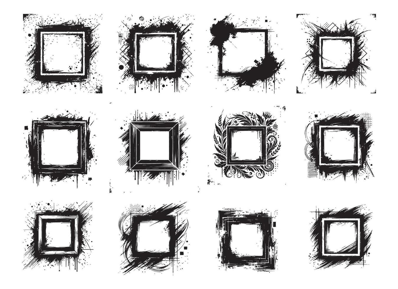 Collection of black paint brush stroke background, grunge overlay frame and torn paper effect. Retro grunge texture with ink splash for social media. vector