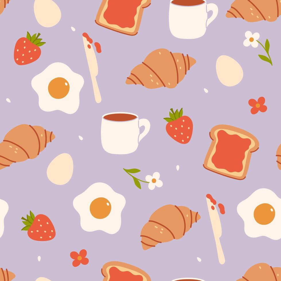 Seamless pattern with eggs, croissants, strawberries. graphics. vector