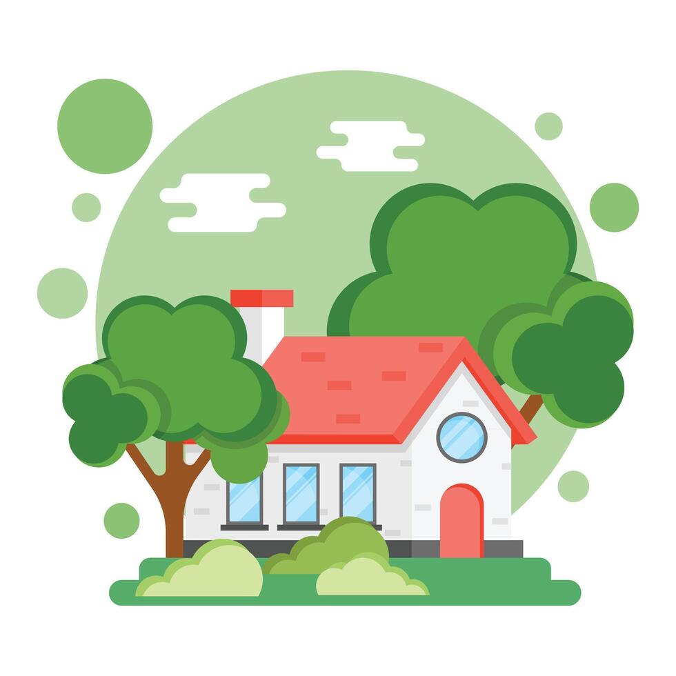 House with trees and bushes on a green background vector