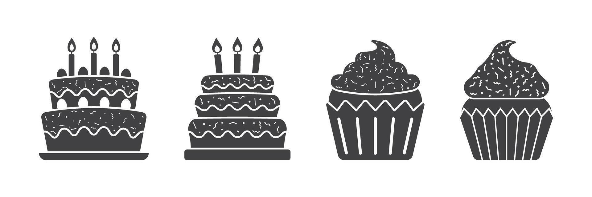Four different types of cakes are shown in black and white vector
