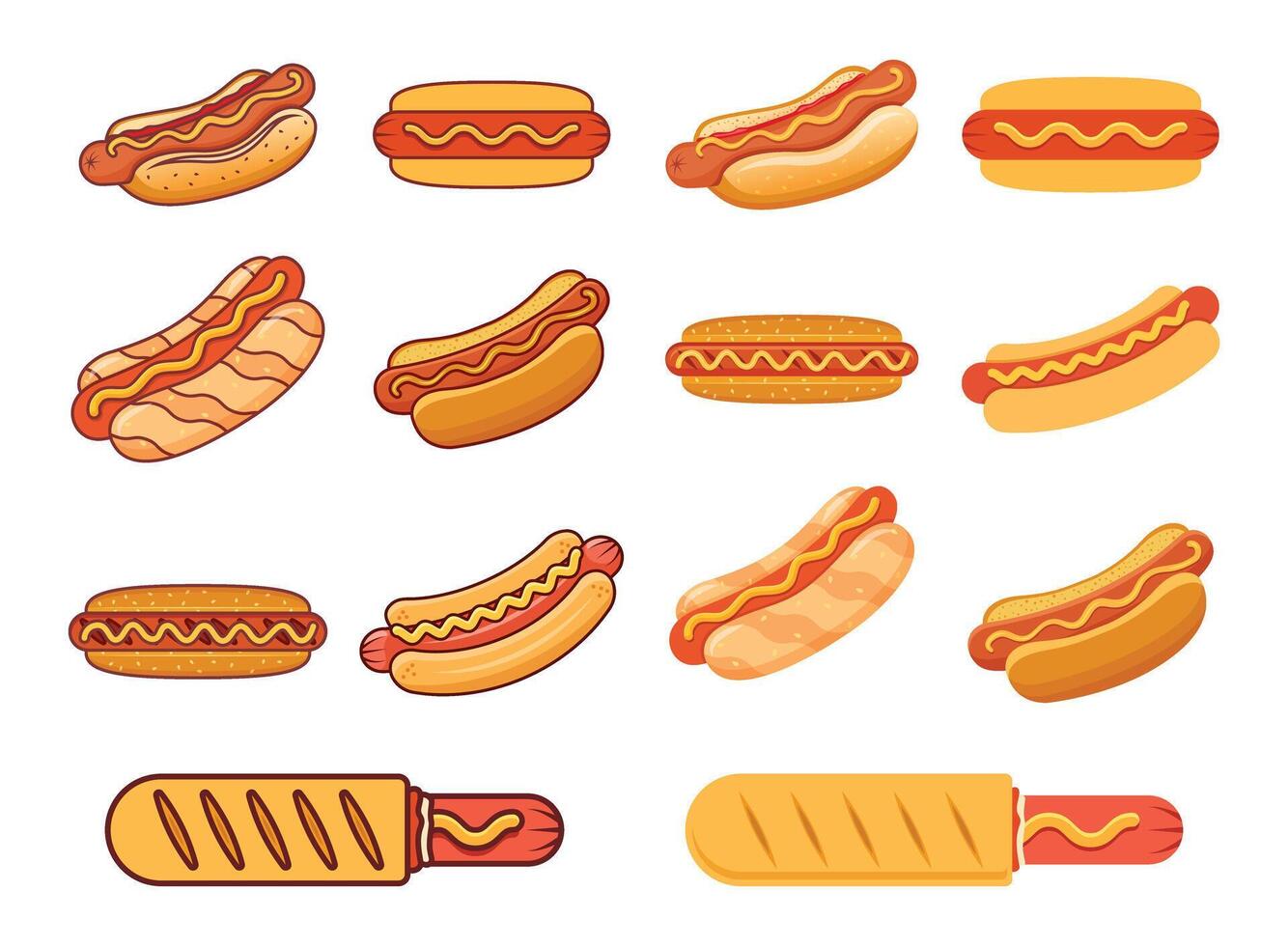 Hot dogs and buns icons set on white background vector