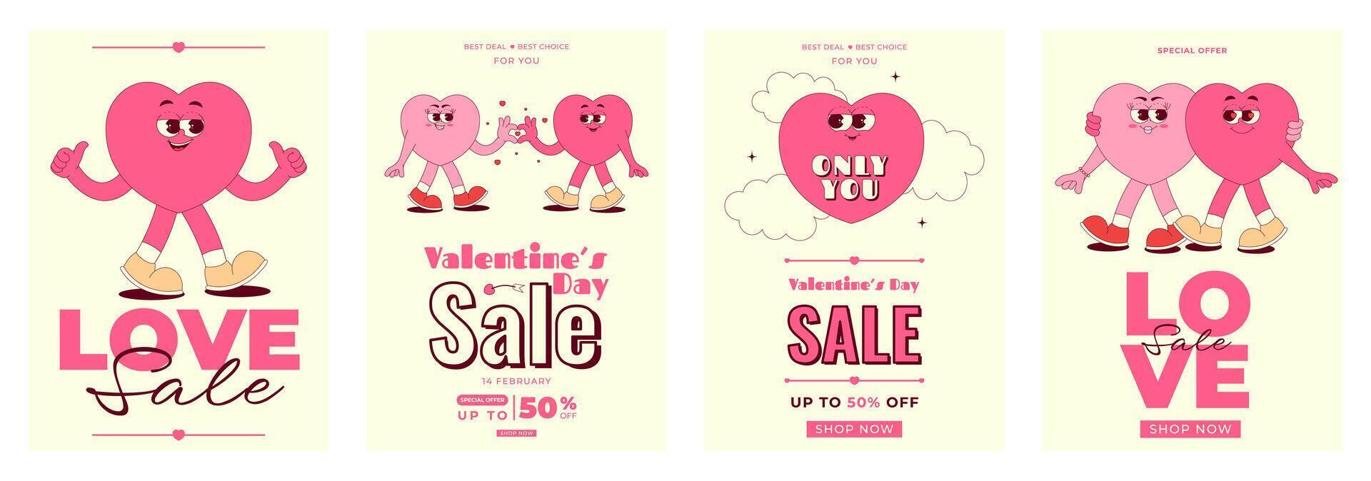 Happy Valentines Day sale flyers with cute hearts characters in retro groovy style. illustration set for poster, brochure, banner, special offer vector