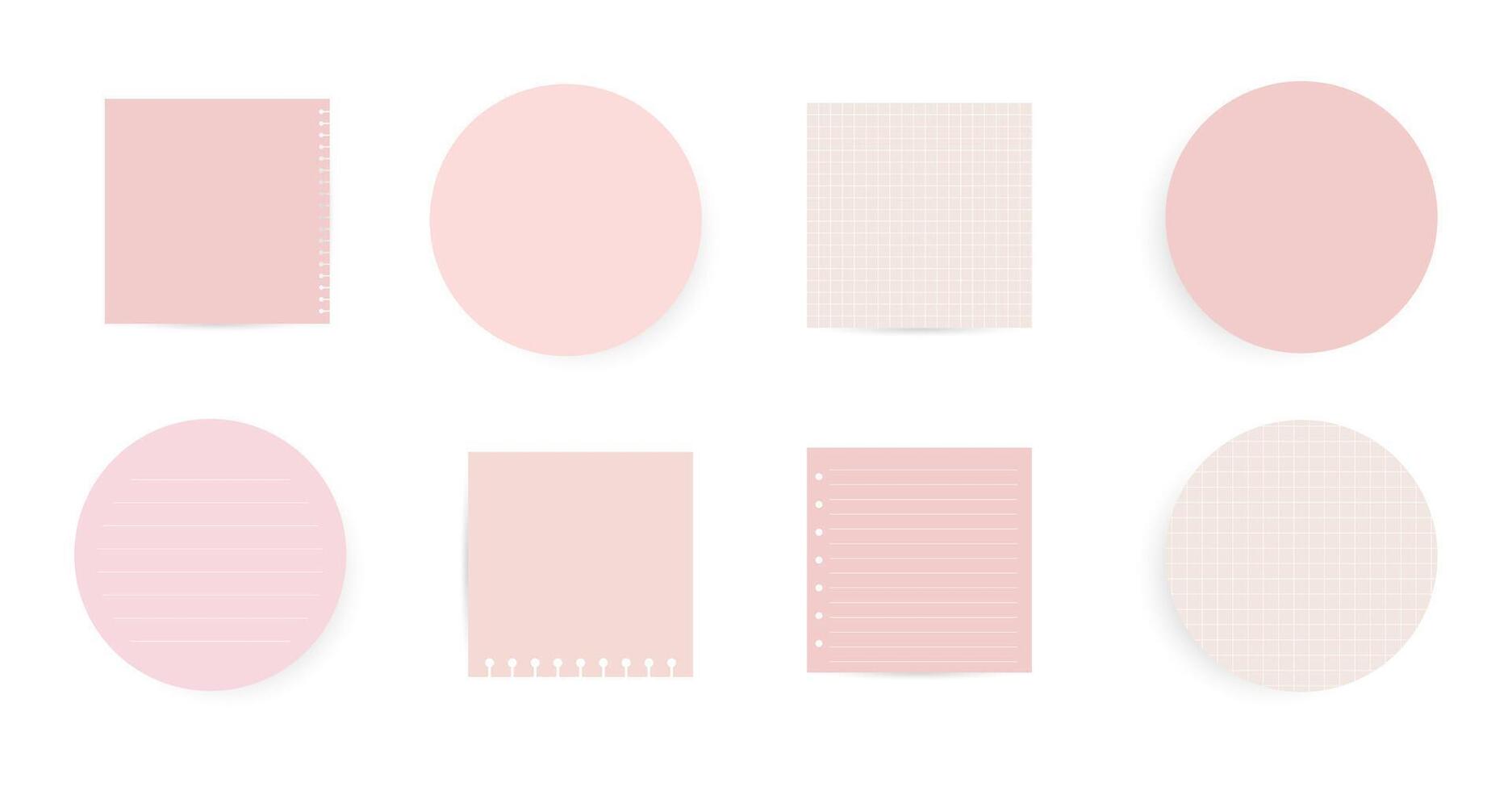Set round, square adhesive stickers. Colored realistic paper with checkered,striped marks, blank layout for any notes. illustration on white background vector