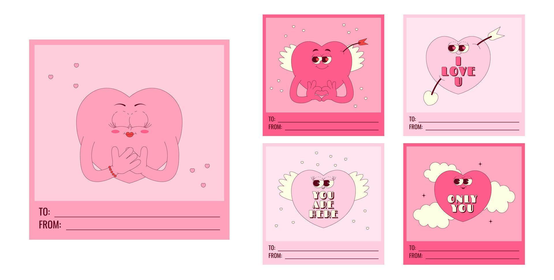 Valentine day cards with text to, from and copy space. Lovely hearts characters and text in trendy retro groovy style. Pink colors. post set vector