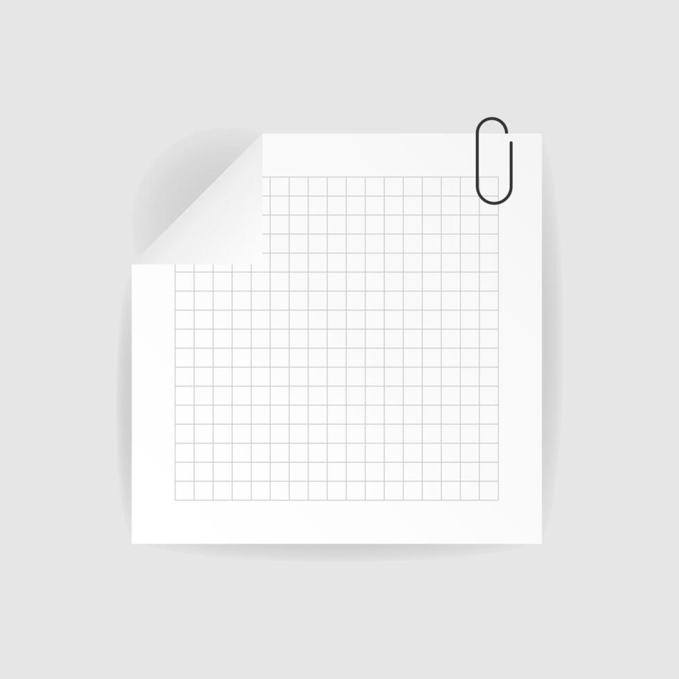 White square paper reminder, sticky note, realistic sticker with in cage,folded edge,paper clip. illustration on isolated background with shadow vector