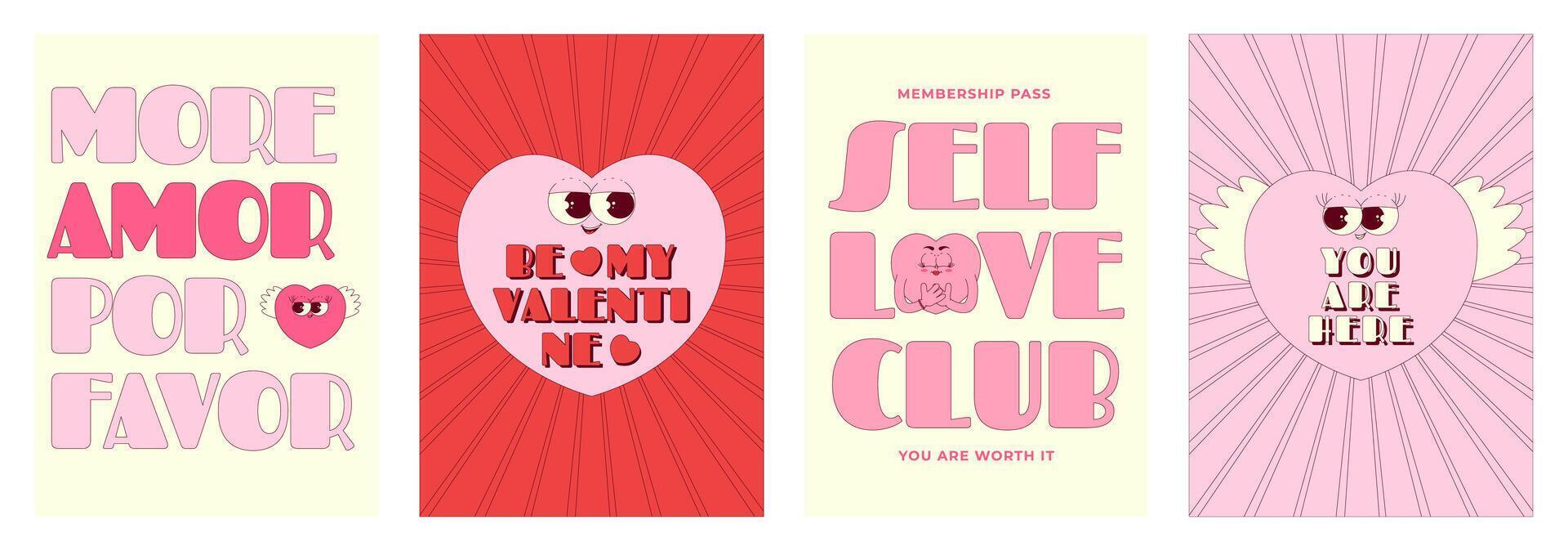 Valentines day cards with text and lovely hearts characters in trendy retro groovy style. Pink, red colors. poster set vector