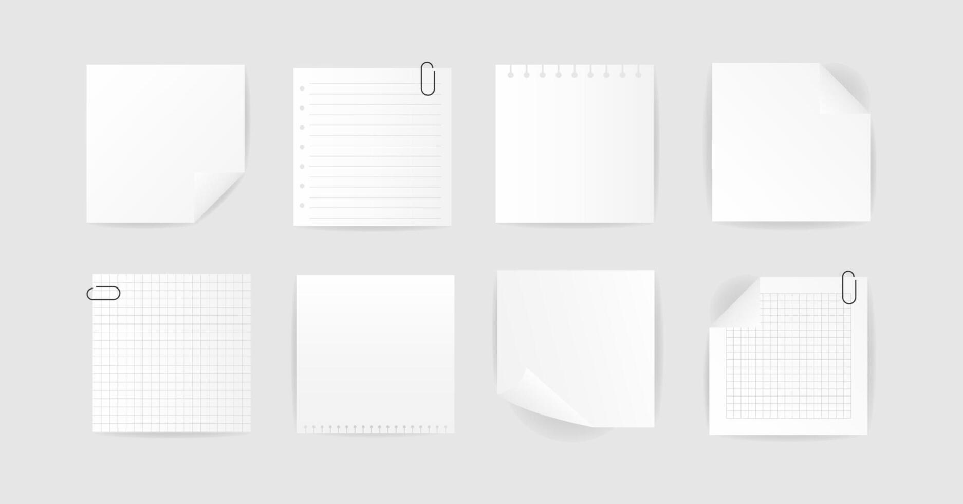Set white square paper reminder, sticky note, realistic checkered,striped marks, paper clip. illustration with shadow vector
