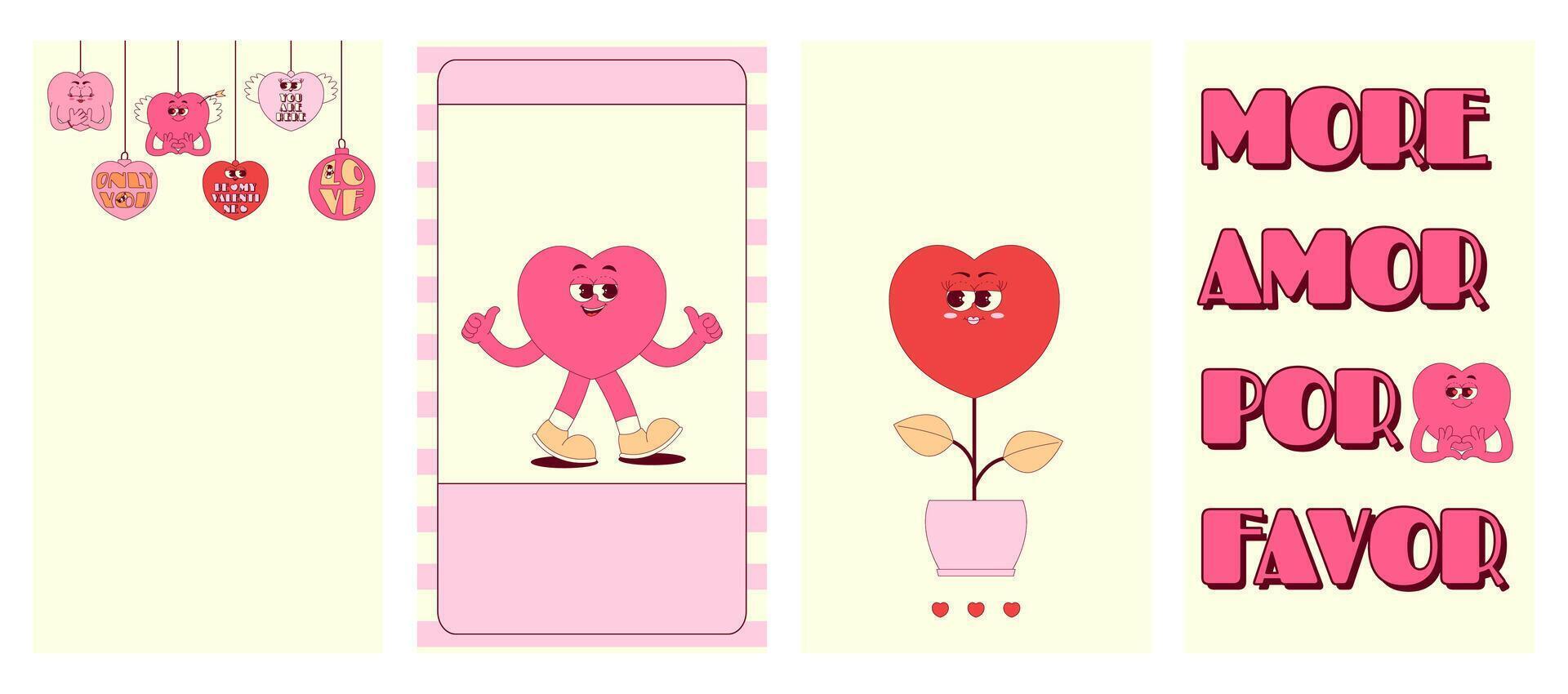 Vertical stories template heart character. Happy Valentines day, love themes. Retro groovy style. set vector