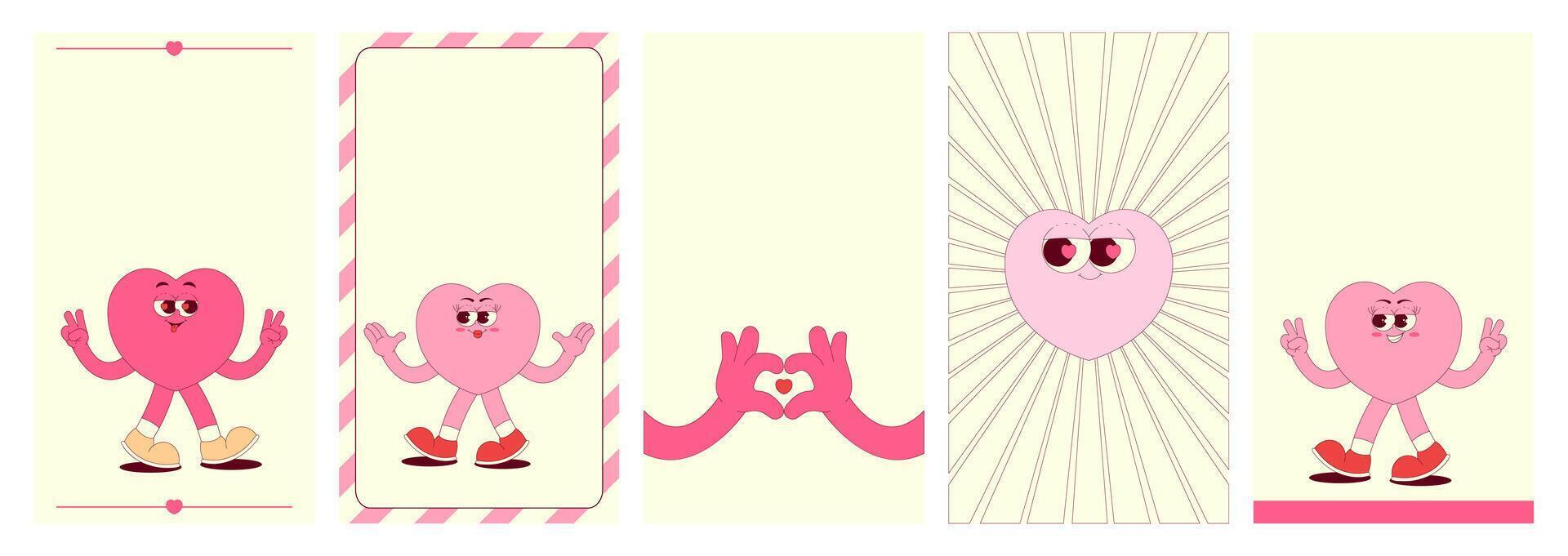 Vertical stories template heart character. Happy Valentines day, 14 February and other love themes. Retro groovy style. set vector