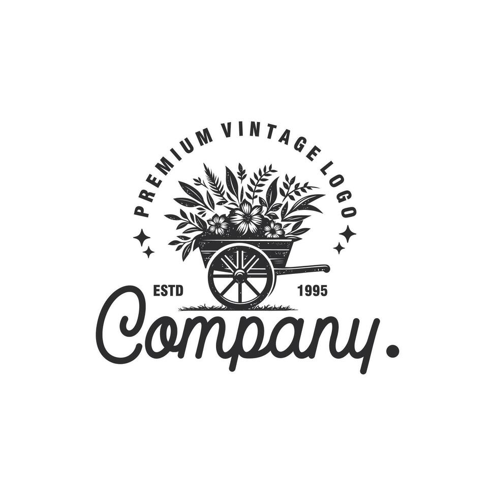 flower on cart vehicle traditional logo design, farming wagon, cart wood rustic design graphic illustration vector