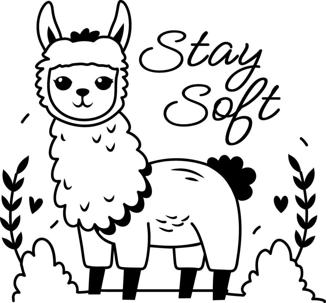 Llama with stay soft text, glyph sticker vector