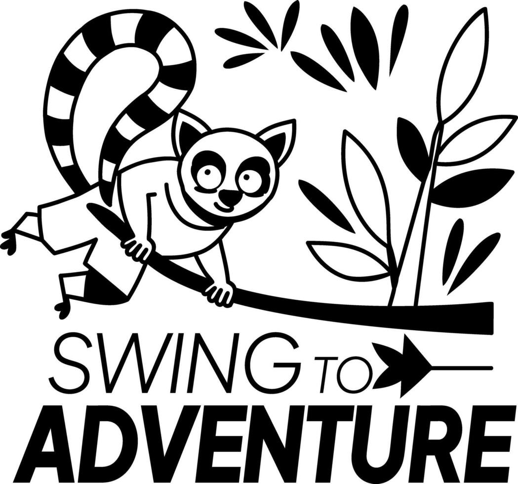 Lemur with swing adventure text, glyph sticker vector