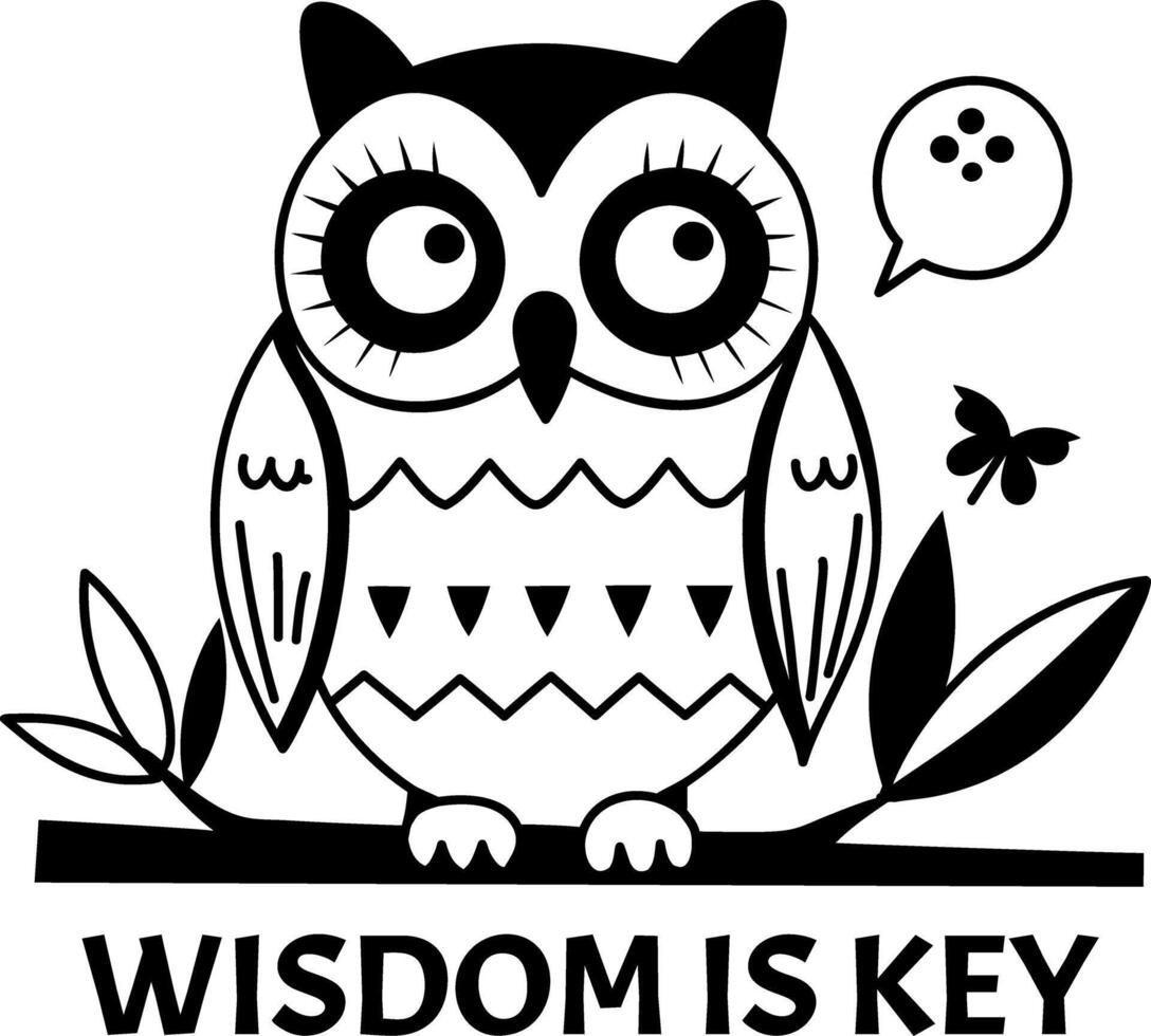 Owl with wisdom is key text, glyph sticker vector
