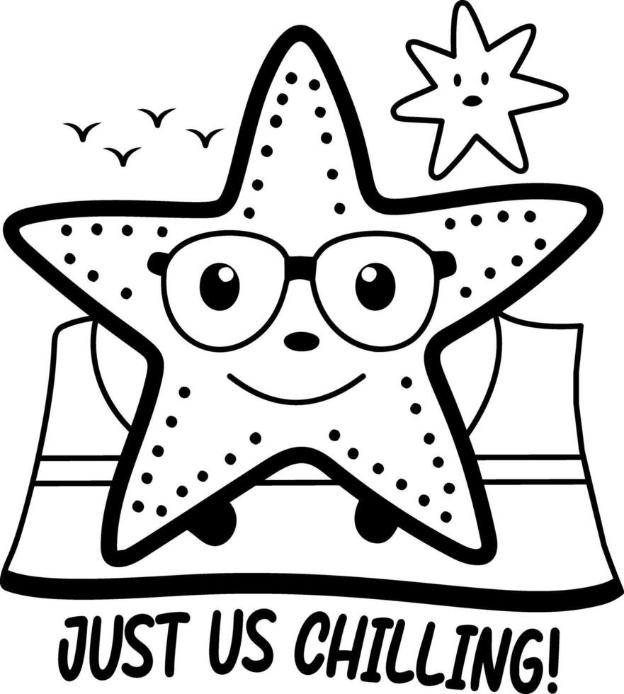 Starfish character with just us chilling typography, glyph sticker vector