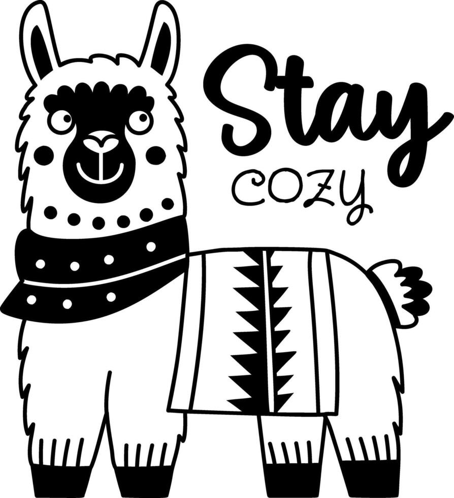 Glyph sticker showing llama with stay cozy text vector