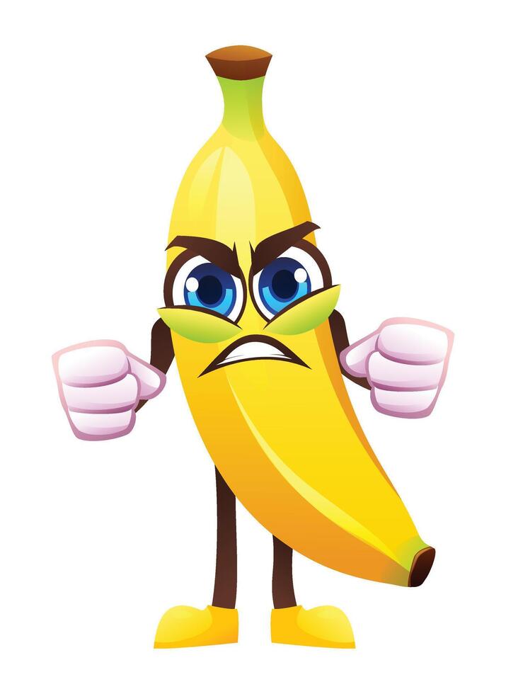 Angry banana character with clenched fists, expressing frustration. cartoon illustration vector