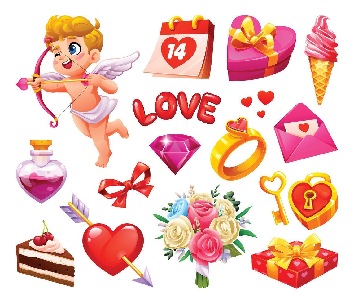 Collection of love and Valentine's Day symbols like heart, gifts, and cupid. cartoon illustration vector