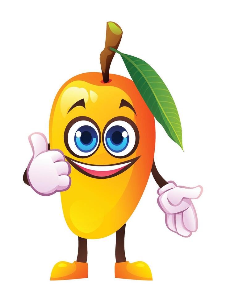 Cute mango character giving a thumbs up with smile, showing approval. Cartoon illustration vector