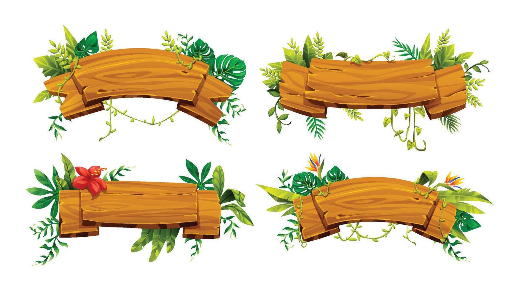 Variety of wooden banners with plants and tropical plants, perfect for nature themed decorations. cartoon illustration vector