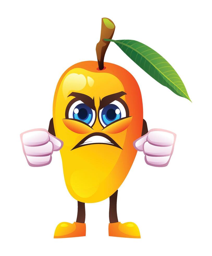 Angry mango character with clenched fists, expressing frustration. Cartoon illustration vector