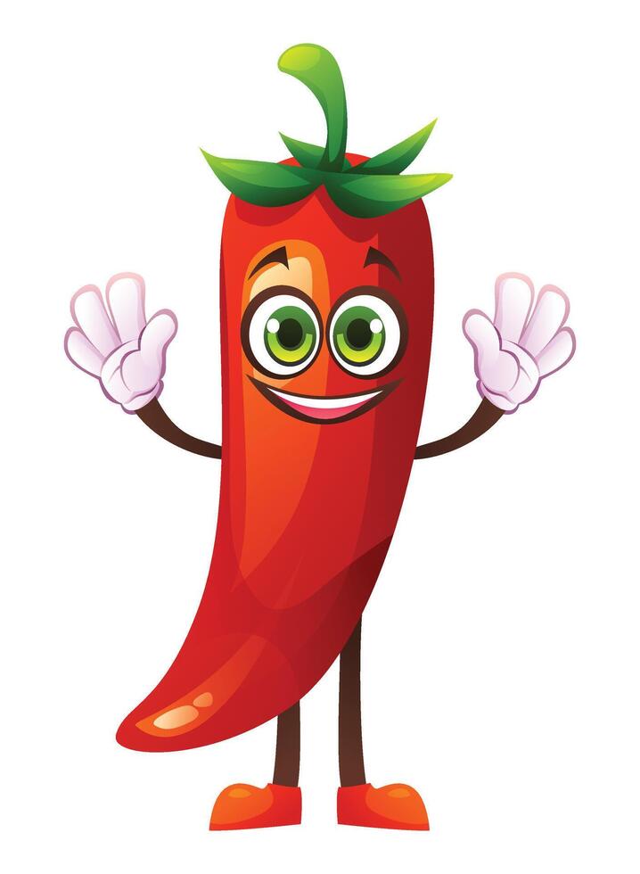 Cheerful chili character with both hands raised, smiling and excited. Cartoon illustration vector