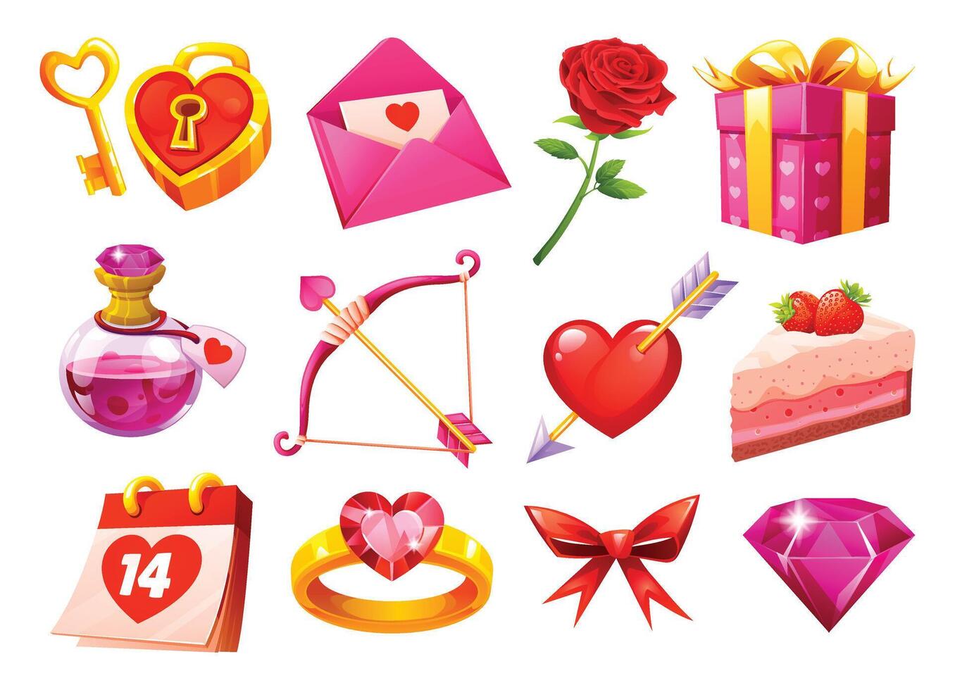 Valentine's Day symbols including gifts, hearts, and love items like cake and flowers. cartoon illustration vector
